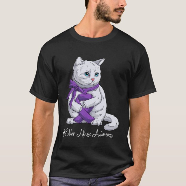 Elder Abuse Awareness Month Purple Ribbon Cat T-Shirt (Front)