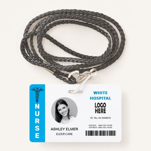 Elder care nurse ID blue photo template ID Badge (Front with Lanyard)
