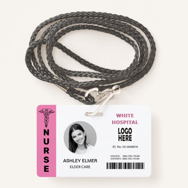 Elder care nurse ID pink photo template ID Badge (Front with Lanyard)