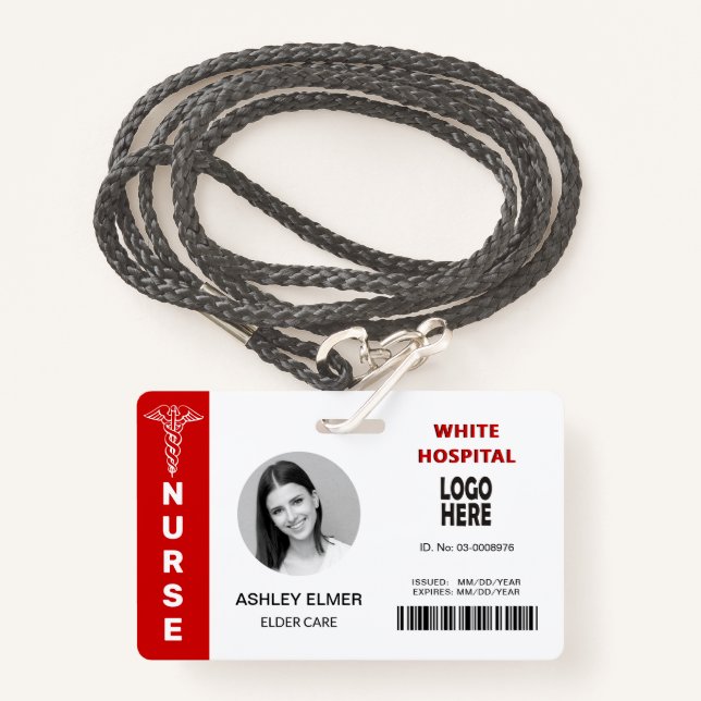 Elder care nurse ID red photo template ID Badge (Front with Lanyard)