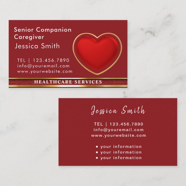 Elder Caregiver Modern Red Heart Medical  Business Card (Front/Back)