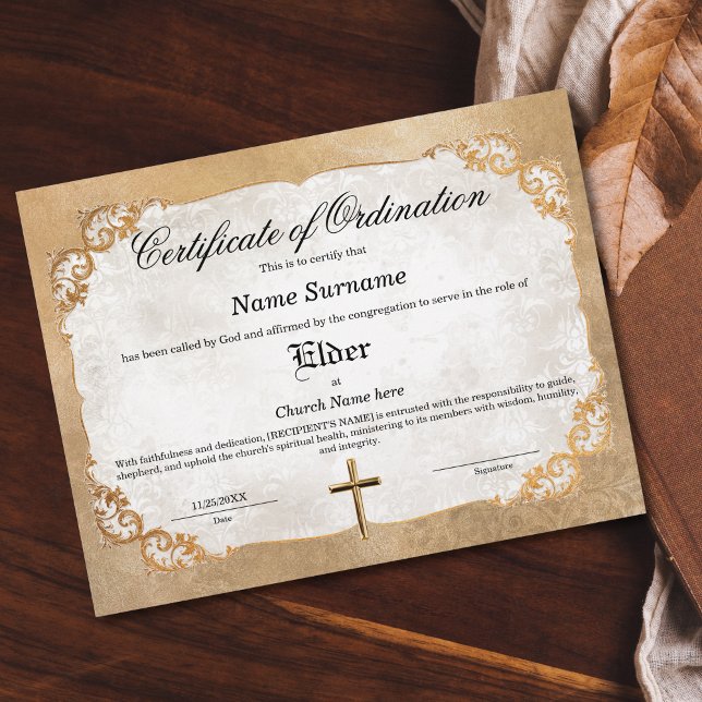 Elder Church Certificate of Ordination (golden floral frame vintage feel elder church certificate)