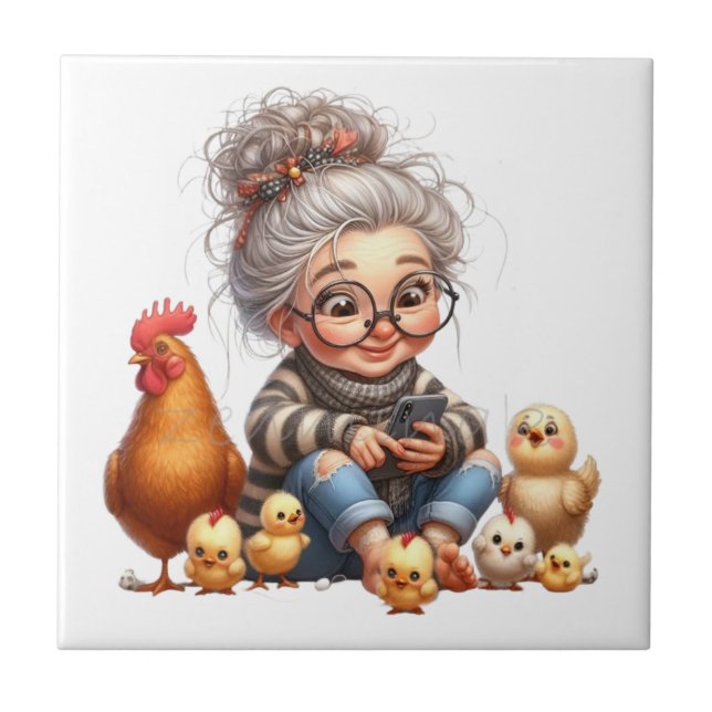 Elder lady with chickens tile (Front)