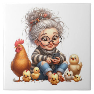 Elder lady with chickens tile