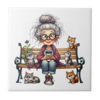 Elder lady with her cats on a bench tile
