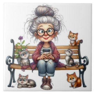 Elder lady with her cats on a bench tile
