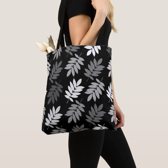 Elder Leaf Big Pattern Black White Grey Tote Bag (Close Up)