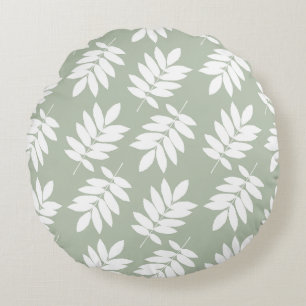 Elder Leaf Big Pattern White on Green Round Cushion