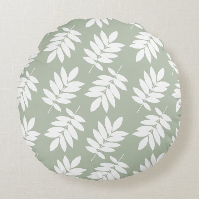 Elder Leaf Big Pattern White on Green Round Cushion (Front)