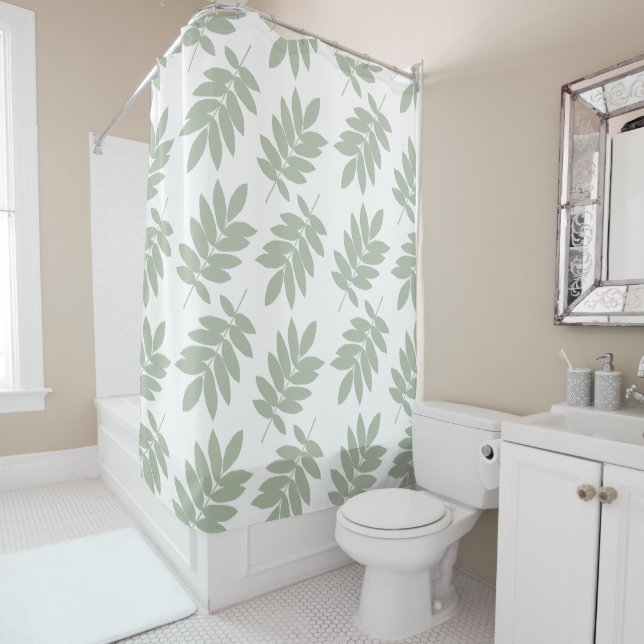 Elder Leaf Lg Pattern Green on White Shower Curtain (In Situ)
