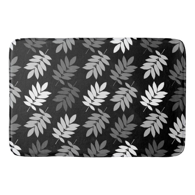 Elder Leaf Pattern Black White Grey Bath Mat (Front)