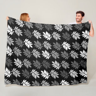 Elder Leaf Pattern Black White Grey Fleece Blanket