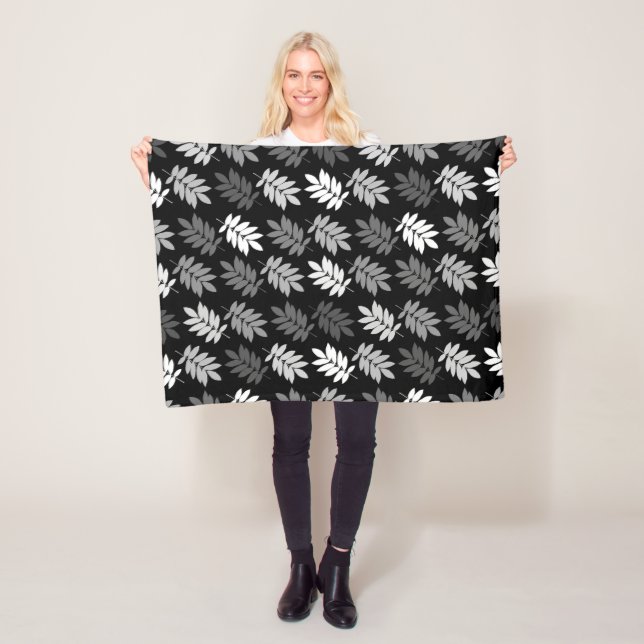 Elder Leaf Pattern Black White Grey Fleece Blanket (In Situ)