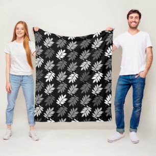 Elder Leaf Pattern Black White Grey Fleece Blanket