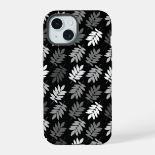 Elder Leaf Pattern Black White Grey iPhone 15 Case