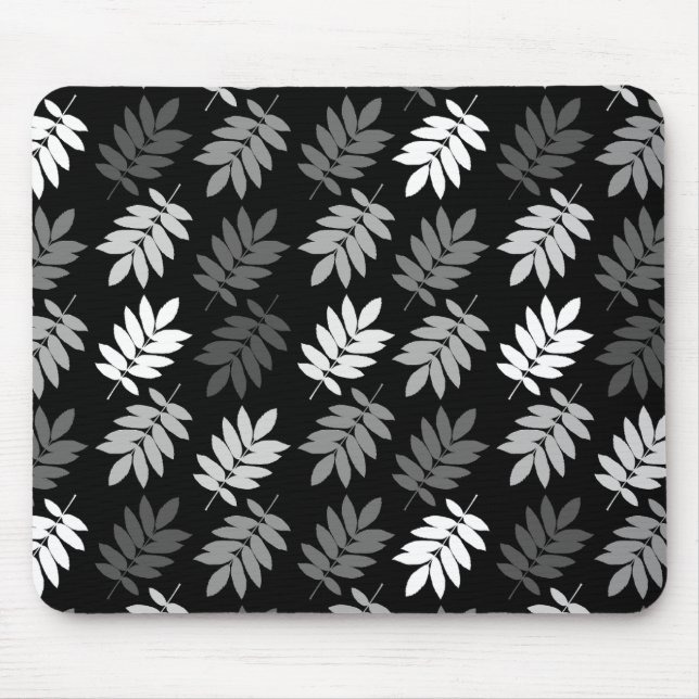 Elder Leaf Pattern Black White Grey Mouse Mat (Front)