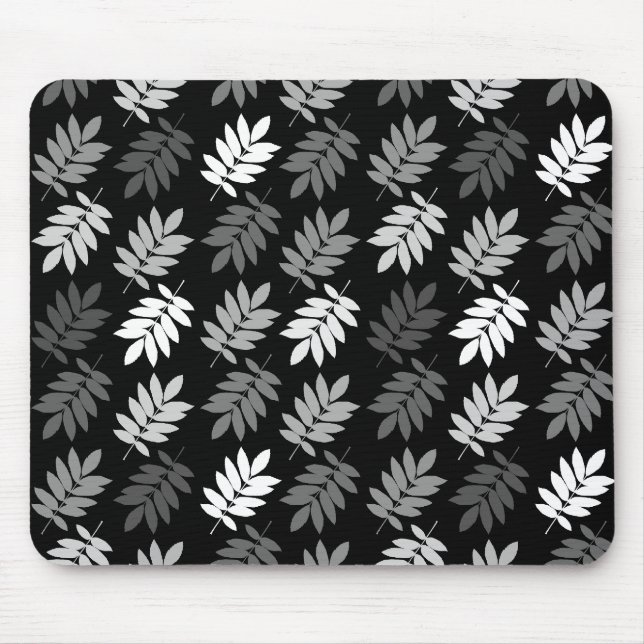 Elder Leaf Pattern Black White Grey Mouse Mat (Front)