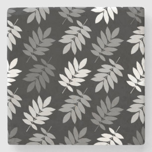 Elder Leaf Pattern Black White Grey Stone Coaster