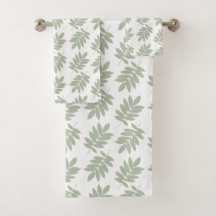 Elder Leaf Pattern Green+White Bath Towel Set