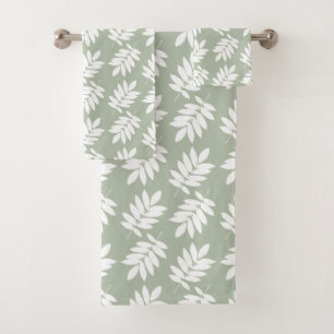 Elder Leaf Pattern White on Green Bath Towel Set