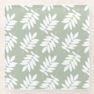 Elder Leaf Pattern White on Green Glass Coaster