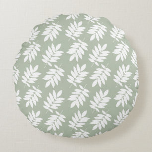 Elder Leaf Pattern White on Green Round Cushion