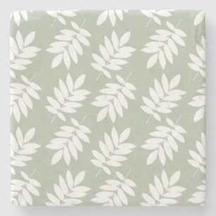 Elder Leaf Pattern White on Green Stone Coaster
