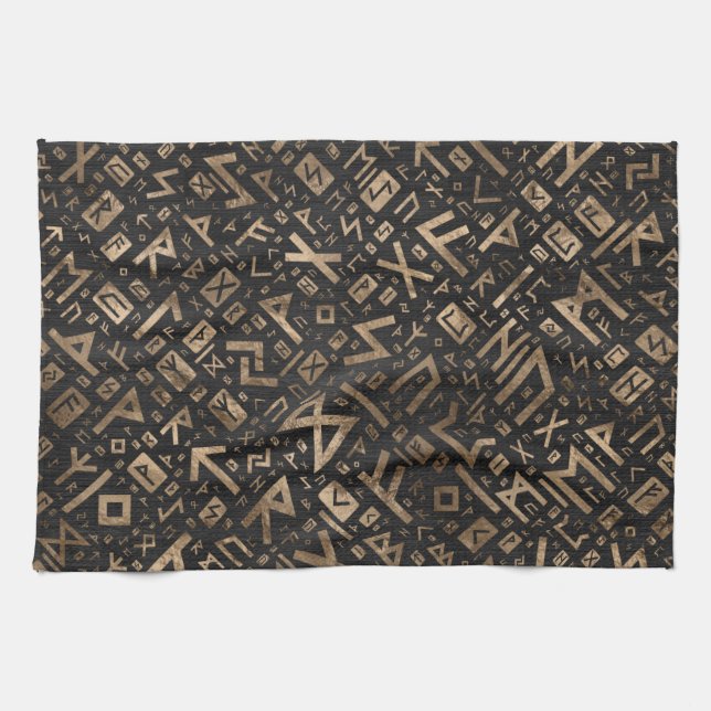 Elder Runes - Futhark Pattern Gold on Black Wood 2 Tea Towel (Horizontal)