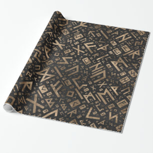 Elder Runes - Futhark Pattern Gold on Black Wood 2 Wrapping Paper