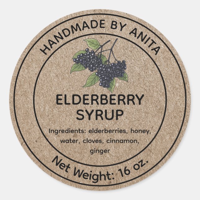 Elderberry Syrup Jam Jar Label Kraft Paper Style (Front)