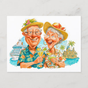 Elderly couple enjoying cocktails tropical beach holiday postcard