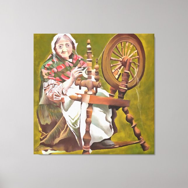 Elderly Irish Woman Crafter At A Spinning Wheel Canvas Print (Front)