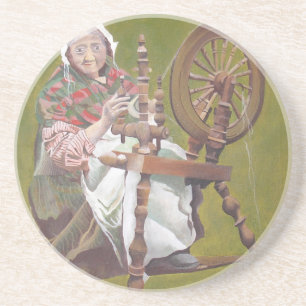 Elderly Irish Woman Crafter At A Spinning Wheel Coaster