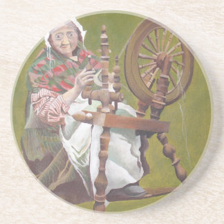 Elderly Irish Woman Crafter At A Spinning Wheel Coaster
