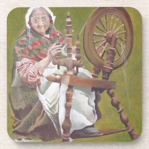 Elderly Irish Woman Crafter At A Spinning Wheel Coaster