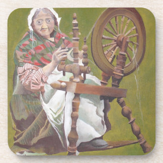 Elderly Irish Woman Crafter At A Spinning Wheel Coaster