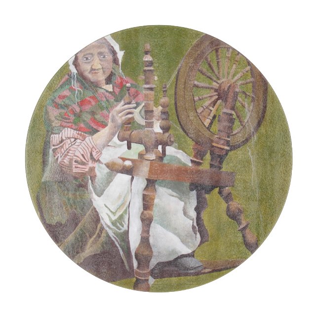 Elderly Irish Woman Crafter At A Spinning Wheel Cutting Board (Front)