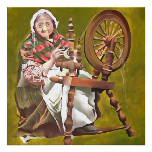 Elderly Irish Woman Crafter At A Spinning Wheel Poster