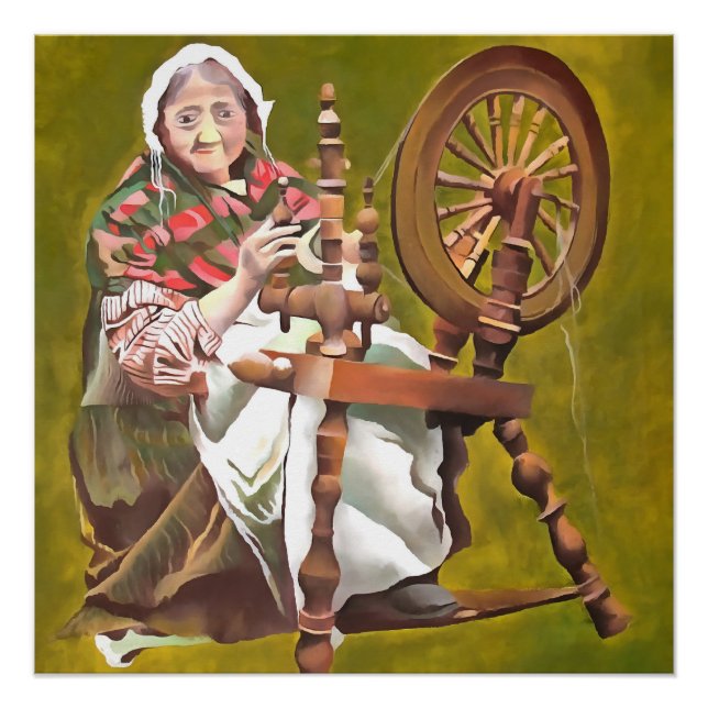 Elderly Irish Woman Crafter At A Spinning Wheel Poster (Front)