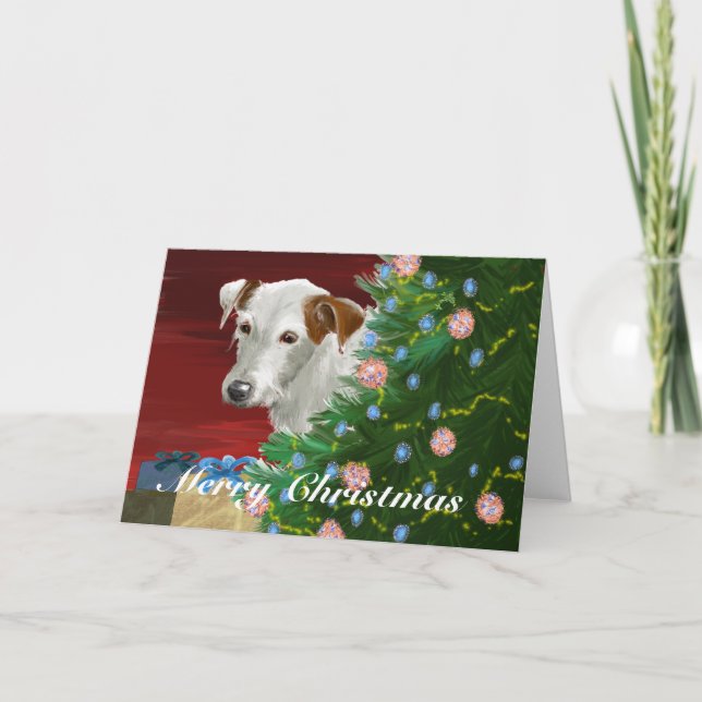 Elderly Jack Russell with Christmas Tree Holiday Card (Front)