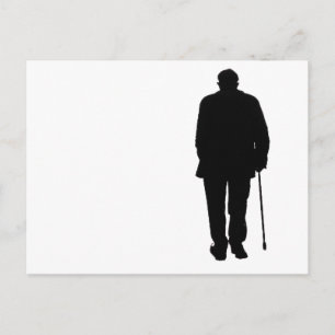 Elderly Man Walking Black Silhouette Drawing Art Postcard