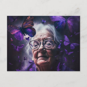 Elderly Woman and Purple Butterflies Postcard