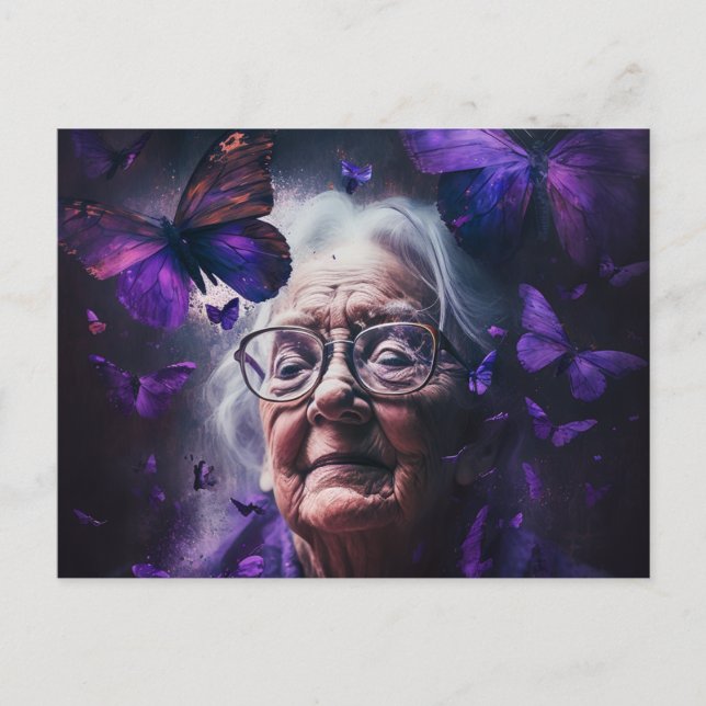 Elderly Woman and Purple Butterflies Postcard (Front)