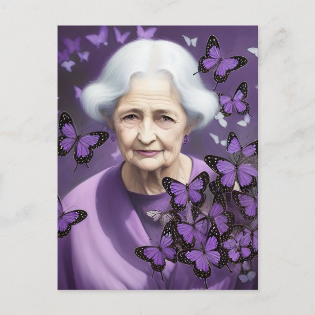 Elderly Woman and the Purple Butterflies Postcard (Front)