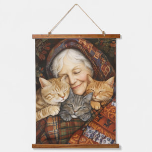 Elderly Woman Embracing Three Cats Cosy Hanging Tapestry