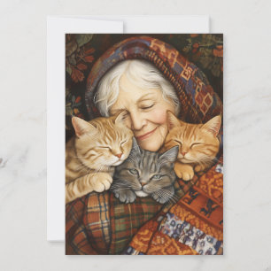 Elderly Woman Embracing Three Cats Cosy Invitation