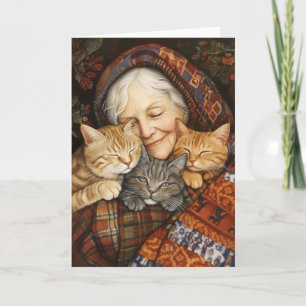 Elderly Woman Embracing Three Cats Cosy Invitation