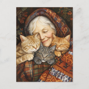 Elderly Woman Embracing Three Cats Cosy  Postcard