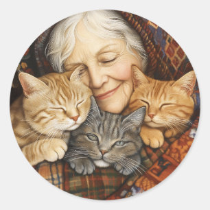 Elderly Woman Embracing Three Cats Cozy  Classic Round Sticker