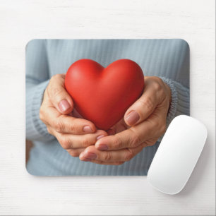 Elderly Woman Holding a Red Heart Mouse Mat